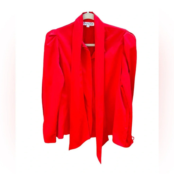 OSCAR DE LA RENTA EXPRESSIONS RED TIE NECK PUFF SLEEVE BLOUSE - Picture 1 of 5